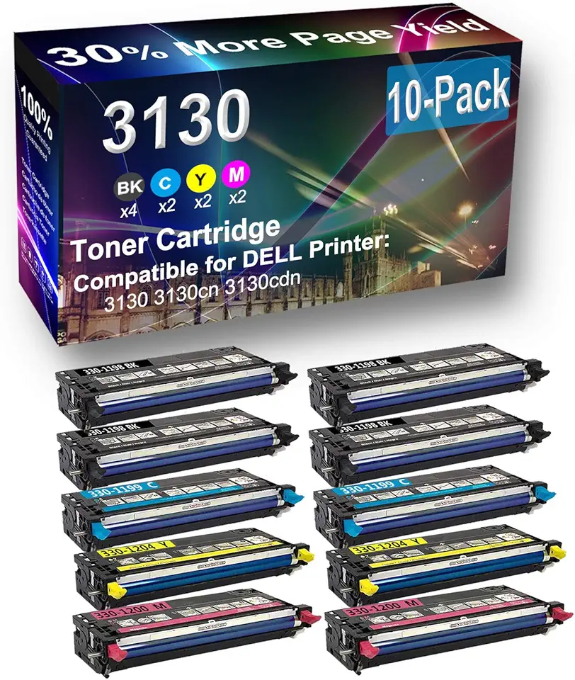 10-Pack (4BK+2C+2Y+2M) Compatible 3130cn Printer Toner Cartridge High Capacity Replacement for Dell 330-1198 H516C 330-1199 H513C 330-1204 H515C 330-1200 H514C Toner Cartridge