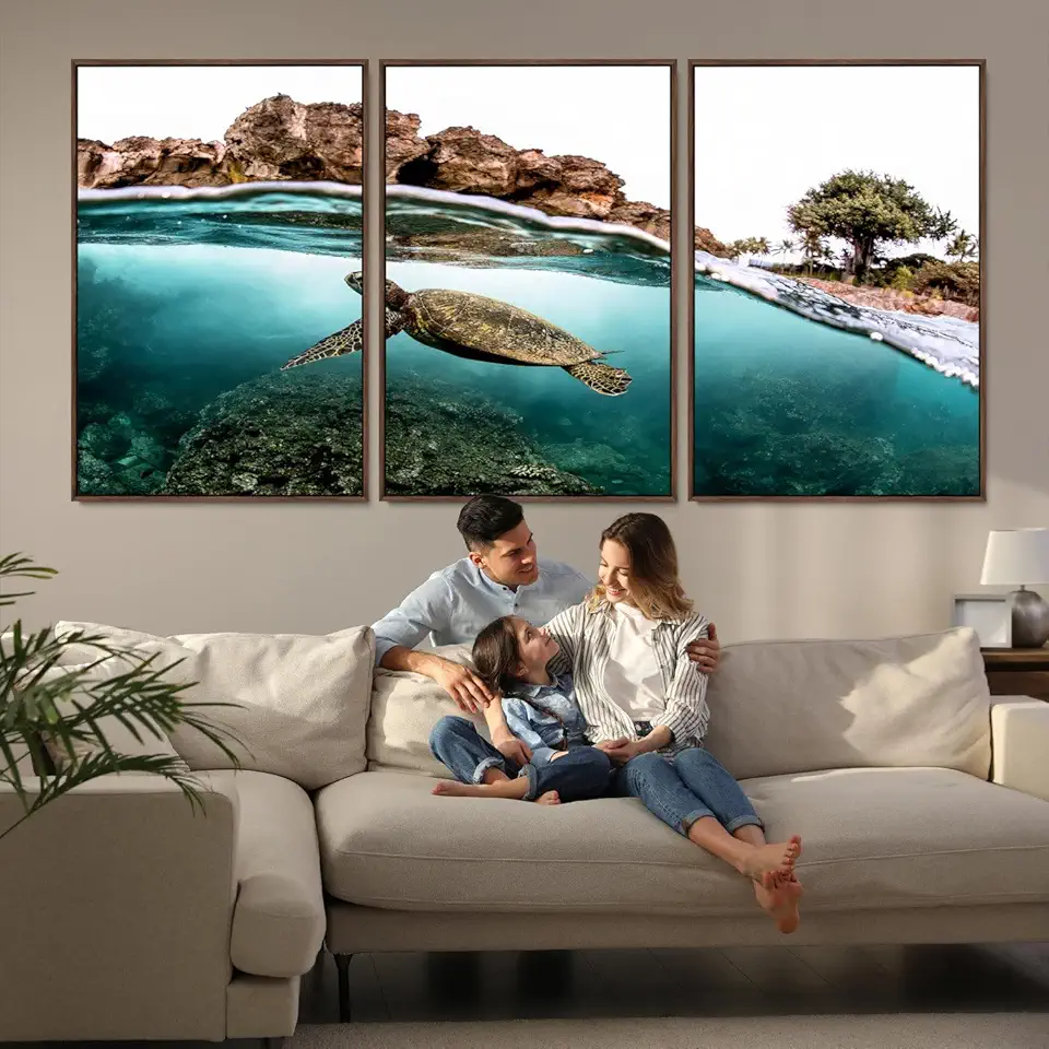 Sea Turtle Wall Art Canvas Print, Framed Ocean Life Art Picture Print, Tropical Perfect Coastal Decor 3 Panel Floating Frame/Walnut / 90