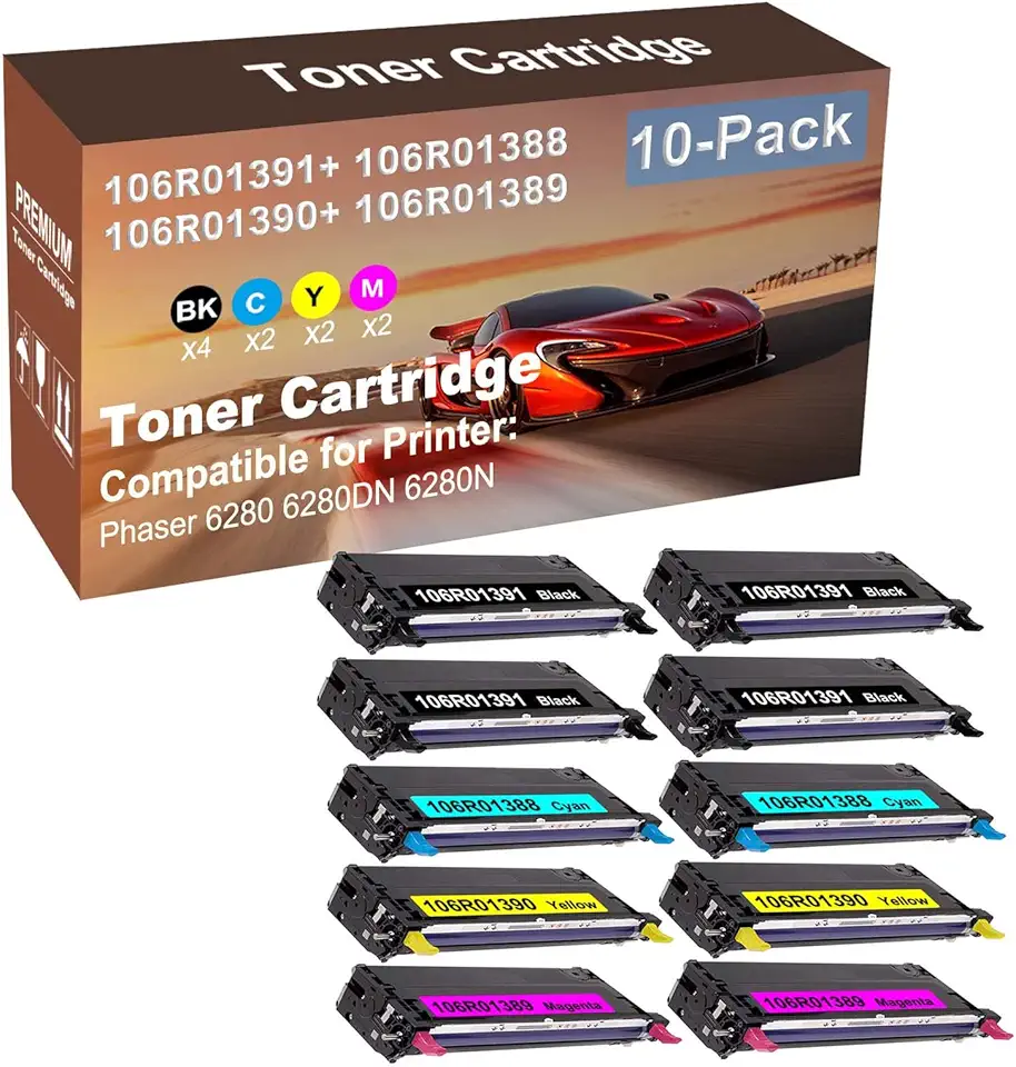 10-Pack (4BK+2C+2Y+2M) Compatible High Capacity 106R01391+ 106R01388+ 106R01390+ 106R01389 Toner Cartridge use for Phaser 6280 6280DN 6280N Printer