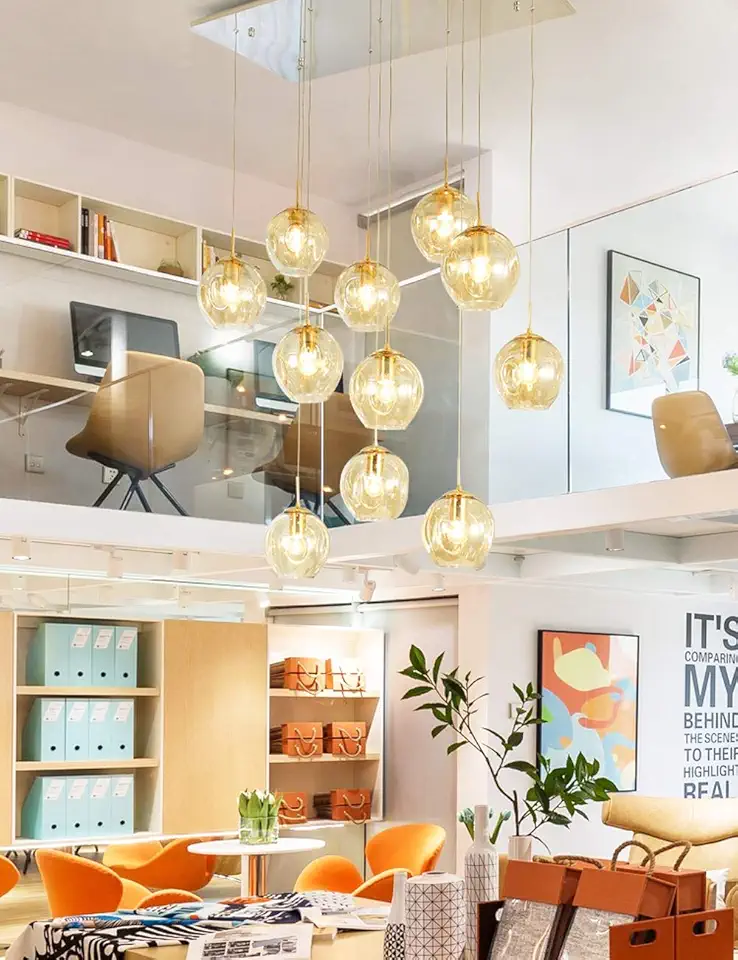 11 Lights Modern Restaurant Long Chandelier Creative Minimalist Chandelier for Living Room Nordic Art Ceiling Lamp Multi Bubble Balls Pendant Light Duplex Staircase Chandelier