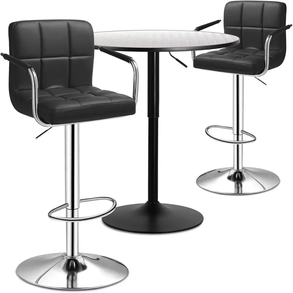 Magshion 3 Piece Bar Dining and Chair Set, Adjustable Bar Stools Set of 2 with Armrest Square Back Swivel Modern Barstools and Table Kitchen Bistro Table for Dining Counter Pub