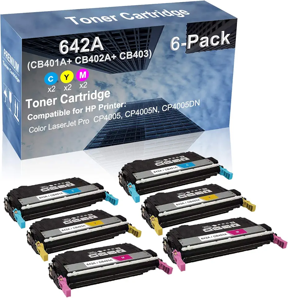 6-Pack (2C+2Y+2M) Compatible High Capacity 642A (CB401A+ CB402A+ CB403A) Toner Cartridge use for CP4005, CP4005N, CP4005DN Printer