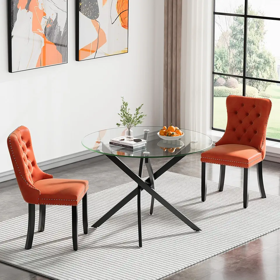 36'' Round Glass Dining Table Set for 2,3-Piece Round Kitchen Table and Chairs Set for 2 with Metal Legs&Velvet 2 Chairs for Kitchen Dining Room