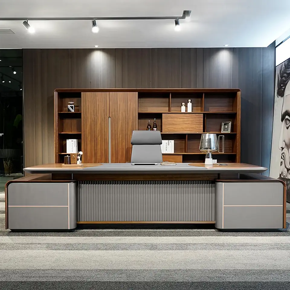 Gray Executive Office Desk, Computer Desk with Storage Cabinet, Gaming Study Table Business Furniture Set for Study, Work, Gaming