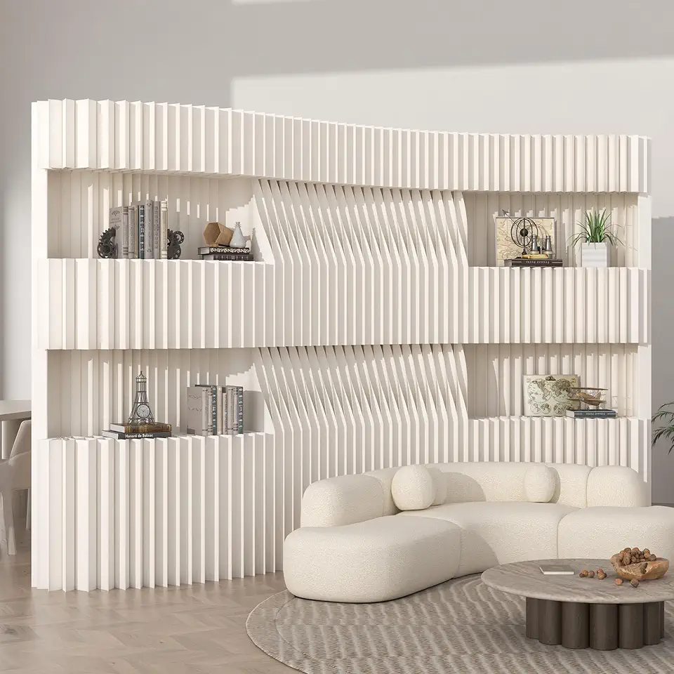 Paper Partition Room Dividers Panel with 2 Layered Display Storage Shelves, Folding Privacy Screen Portable Wall Divider for Room Separation, Home Office Studio Exhibition Commercial Use Party Events