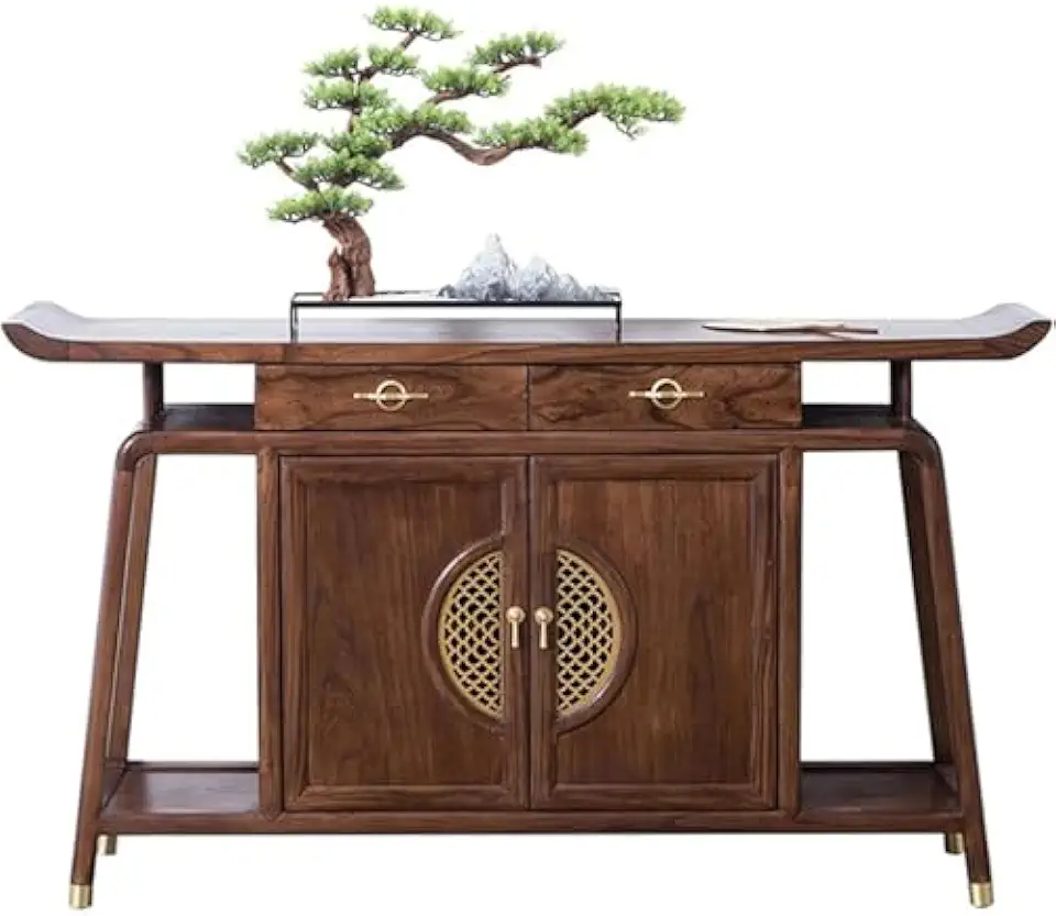 Sofa Tables Modern Wooden Console Table，Solid Wood Chinese Style Foyer Cabinet with Metal Handle Zen Decoration Console Table for Entrance Porch, Walnut End Table for Sofa