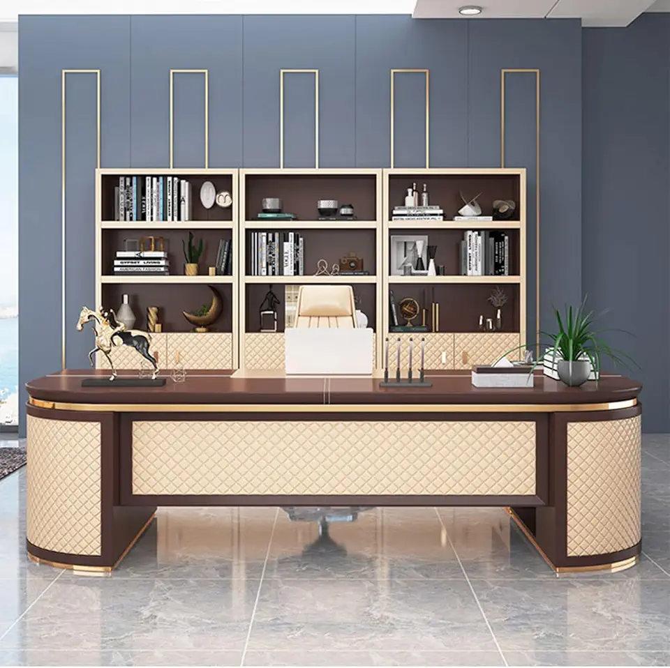 Luxury Wood Executive Office Desk, Luxury Computer Desk with Lateral Cabinet, Gaming Study Table Business Furniture Set for Home Office