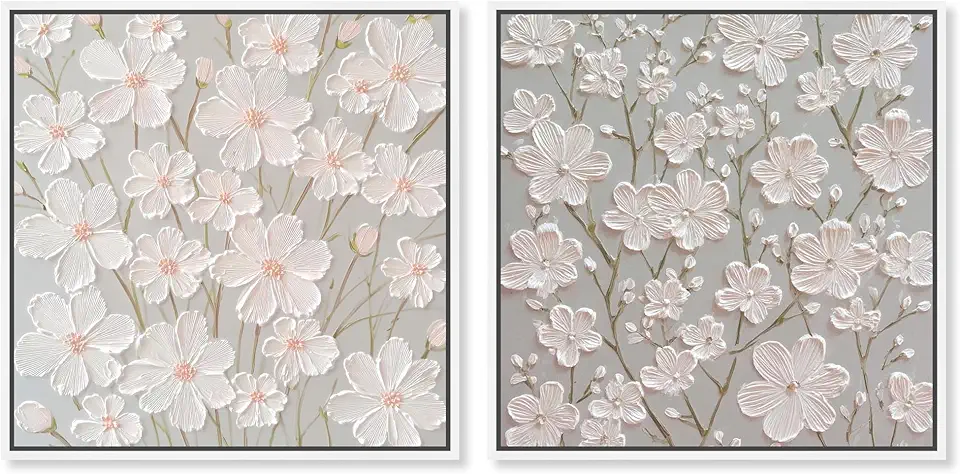 Neutral Serenity Botanicals 2 Panel Set Canvas Print Floral Wall Art by Art Remedy, White Frame, 40 x 40