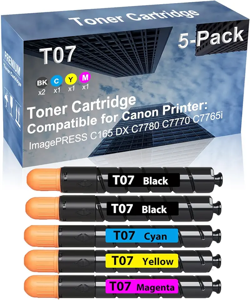 5-Pack (2BK+C+Y+M) Compatible High Yield T07 (T07K+ T07C+ T07Y+ T07M) Laser Printer Toner Cartridge Used for Canon ImagePRESS C165 DX C7780 C7770 C7765i Printer