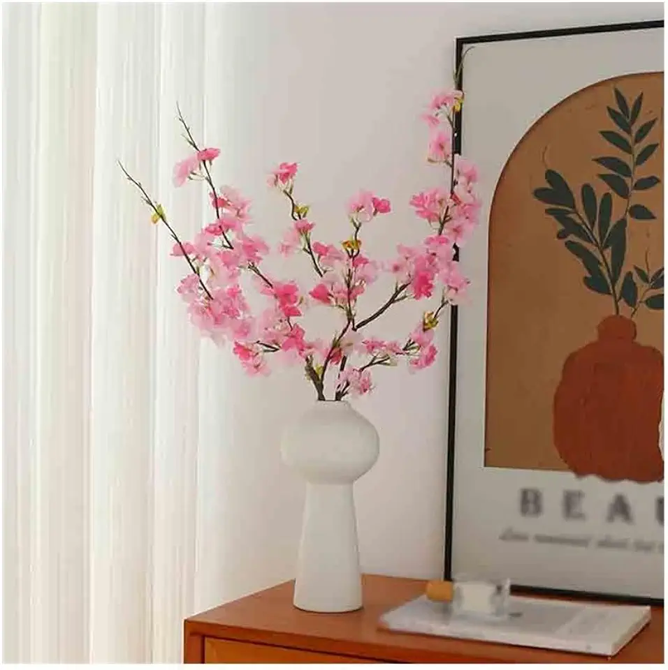 Fake Flowers with Vase Artificial Flower Branch Peach Blossom Rose Fake Flower Composition Living Room Home Dining Table Floral Composition Plant Decor
