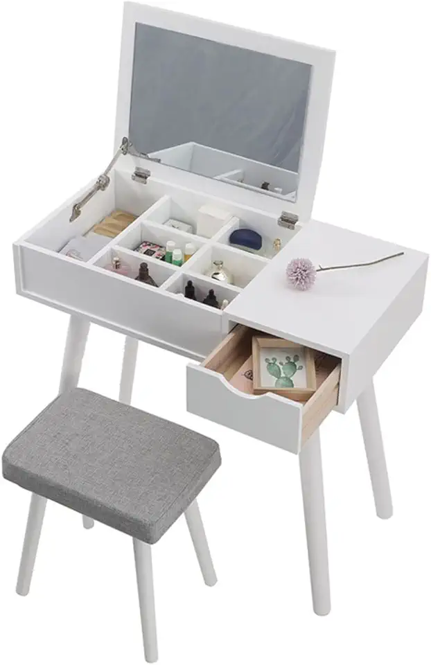 Vanity Benches 1Set Cosmetic Dressing Table with Makeup Mirror&Stool Vanity Bedroom Dressers with Drawers Bedside Table for Ample Storage