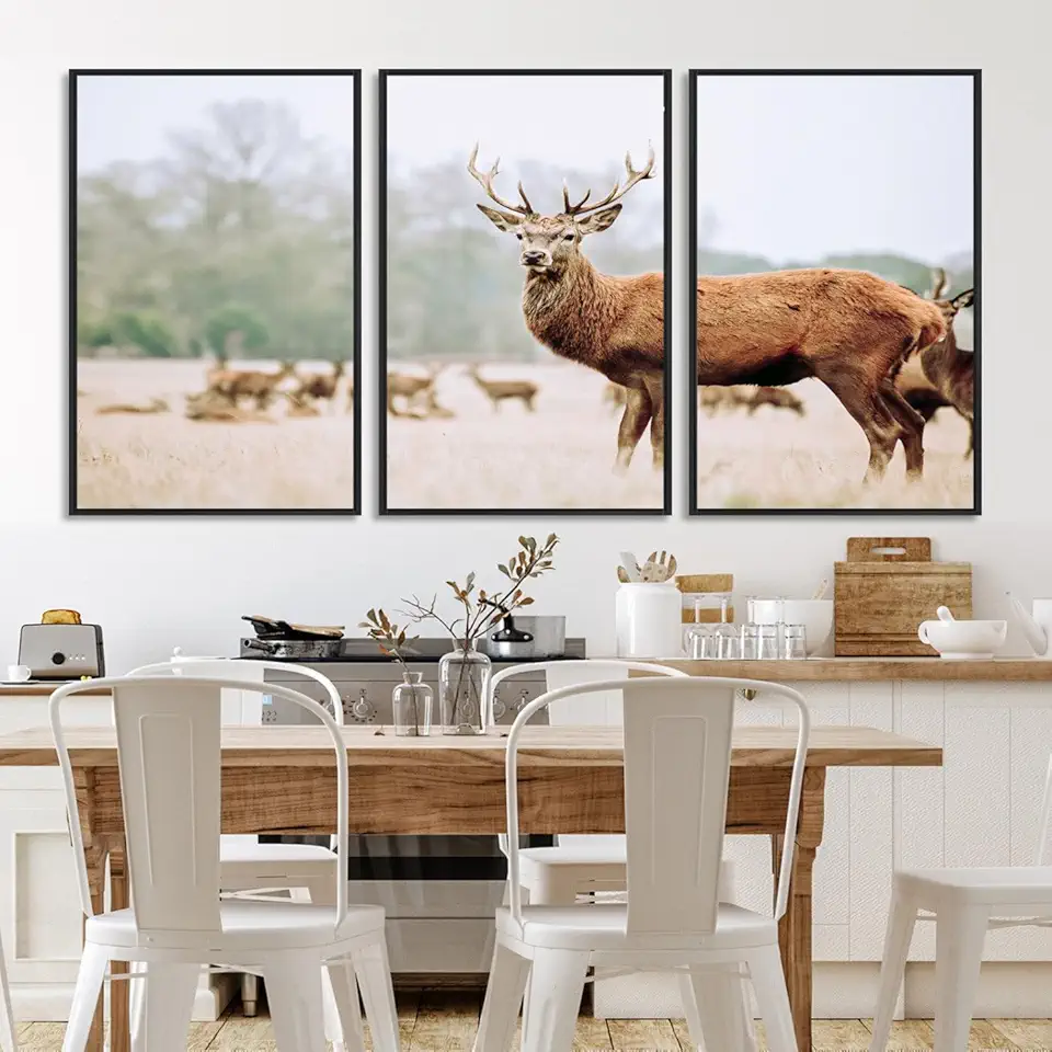 Rustic Nature Print Wall Art Canvas Print, Framed Deer Canvas Wall Art Art Picture Print 3 Panel Floating Frame/Black / 90