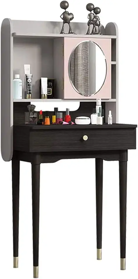 Flip Dressing Table with Stool and Makeup Mirror Modern Wooden Bedroom Makeup Desk with Drawers for Makeup and Office