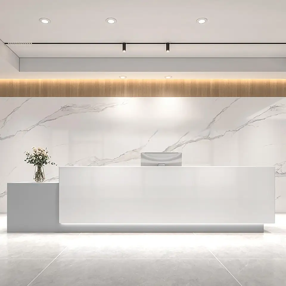 Reception Desk, Modern Front Desk Reception Counter with LED Light and Lockable Drawer, Checkout Counter for Salon, Retail, Office Gray+White 157.5