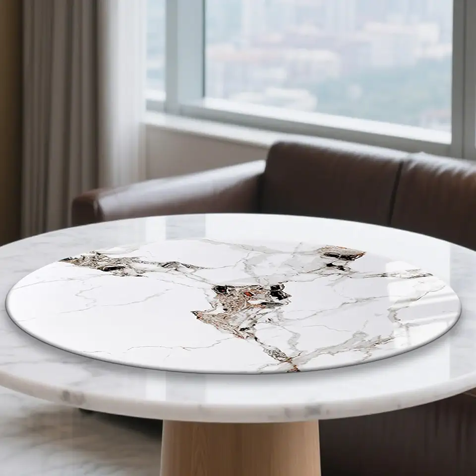 35x35inchs / 90x90cm Round Stone Slab Tray Lazy Susan, Glossy Black Gold Floating Rotating, 0.5inchs Thick Swivel Tabletop Plate for Dining Table, Food Server for Hotel Lobby, Centerpiece