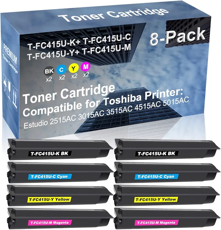 8-Pack (2BK+2C+2Y+2M) Compatible High Yield T-FC415U-K+ T-FC415U-C+ T-FC415U-Y+ T-FC415U-M Laser Printer Toner Cartridge Used for Toshiba E-Studio 2515AC 3015AC 3515AC 4515AC 5015AC Printer