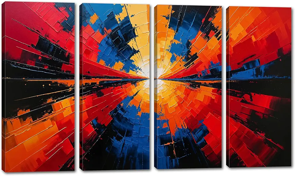 80 x 50 TOTAL - Colorful Canvas Wall Art Abstract Print 4 Panel Split radial explosion of red, blue - Flat 2D