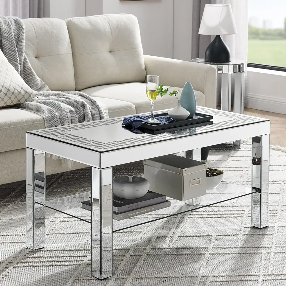 IKIFLY Mirrored Coffee Table with Glass, Rectangle Silver Coffee Table with Crushed Diamond for Living Room Office and Bedroom