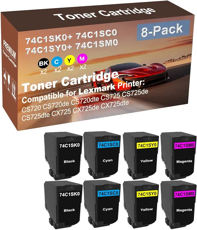8-Pack (2BK+2C+2Y+2M) Compatible CS725 CS725de CS725dte Printer Toner Cartridge High Capacity Replacement for Lexmark 74C1SK0+ 74C1SC0+ 74C1SY0+ 74C1SM0 Toner Cartridge