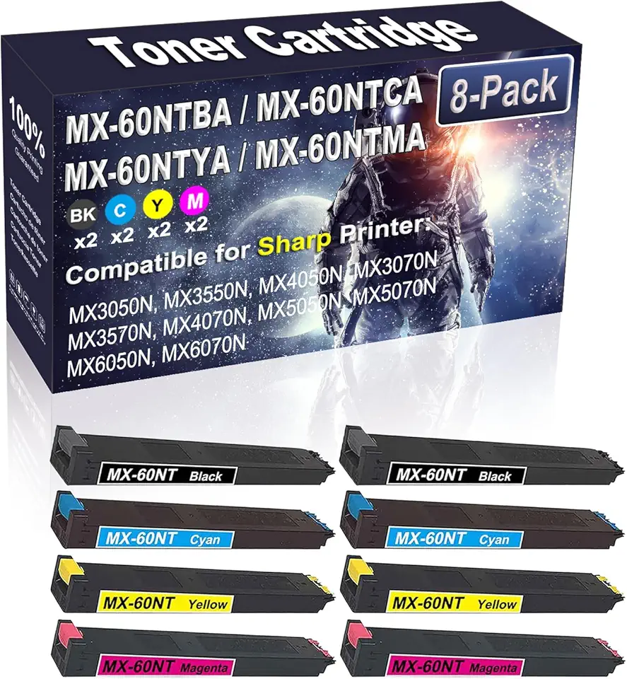 8-Pack (2BK/2C/2Y/2M) Compatible MX-60NTBA MX-60NTCA MX-60NTYA MX-60NTMA Laser Toner Cartridge Replacement for Sharp MX3050N MX3550N MX4050N MX3070N MX3570N MX4070N Printer
