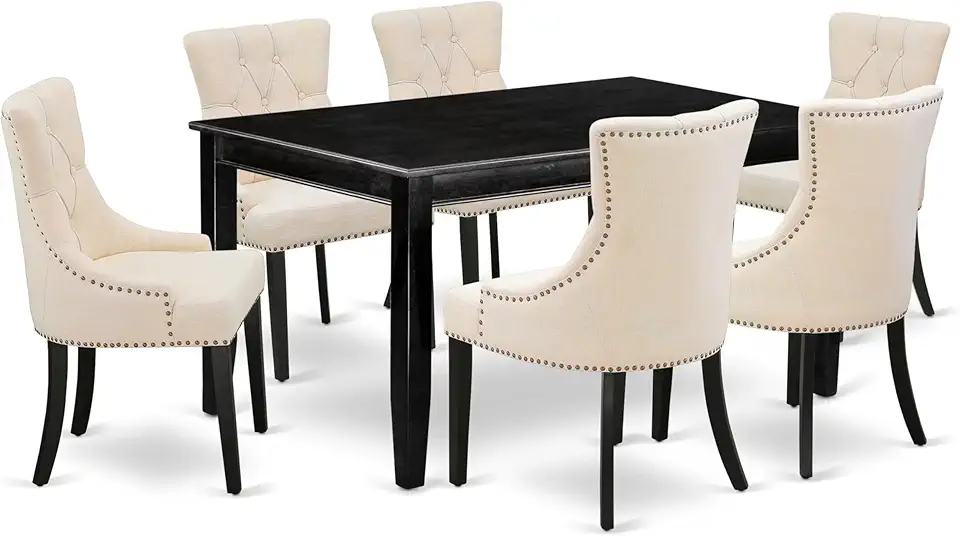 East West Furniture DUFR7-BLK-02 7 Piece Dining Room Table Set Consist of a Rectangle Wooden Table and 6 Light Beige Linen Fabric Upholstered Parson Chairs, 36x60 Inch, Black