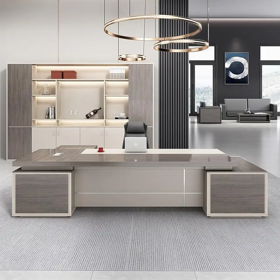 Large Luxury Executive Office Desk L Shaped Desk with Large Drawers, Modern Industrial Home Office Corner Desk with Password Lock and Light Strip(102in)