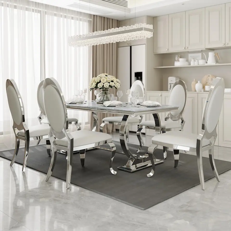 ACEDÉCOR 7-Piece Silver Dining Room Table Set, 72