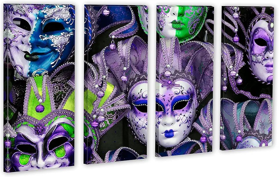 80 x 50 TOTAL - Ornate Venetian Masks Canvas Print. 4 Panel Split Wall Art - purple hue