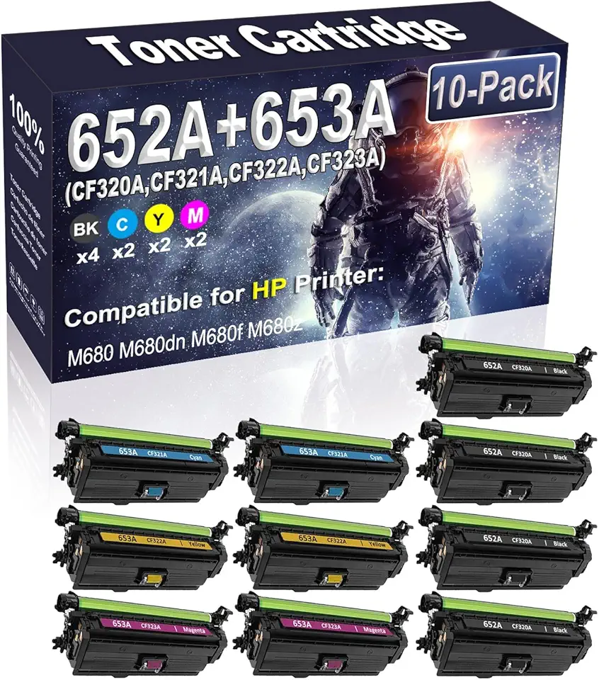 10-Pack (4BK/2C/2Y/2M) Compatible High Yield 652A 653A (CF320A CF321A CF322A CF323A) Imaging Toner Cartridge Use for HP M680 M680dn M680f M680z Printer