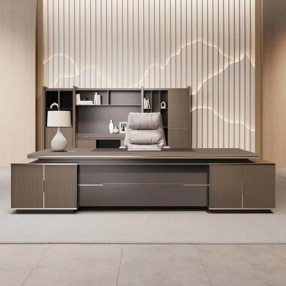 94 inch Luxury Large Single Office Long Boss Desk, Modern L Shaped Corner Executive Desk with Shelves and Storage Cabinet Writing Study Table Workstation for CEO Boss Manager Brown