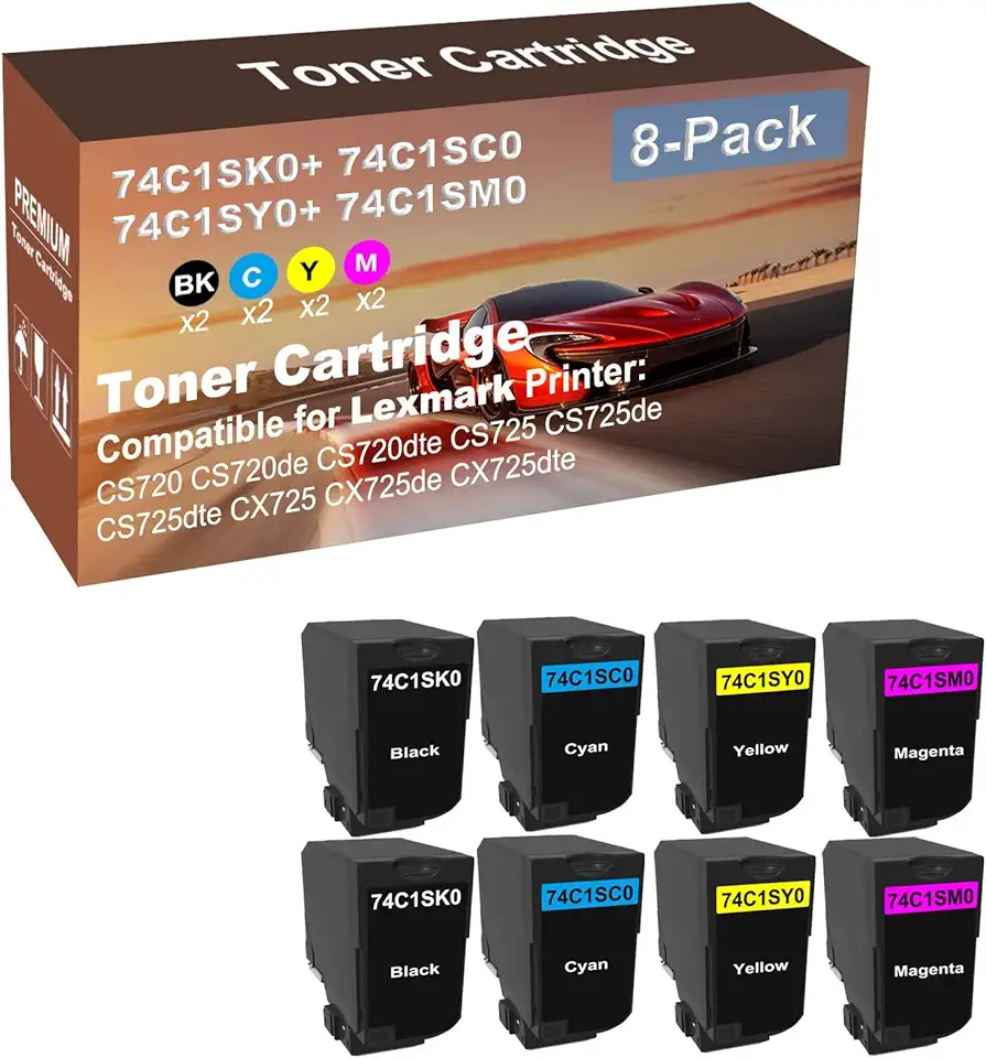 8-Pack (2BK+2C+2Y+2M) Compatible High Capacity 74C1SK0+ 74C1SC0+ 74C1SY0+ 74C1SM0 Toner Cartridge Used for Lexmark CS720 CS720de CS720dte Printer