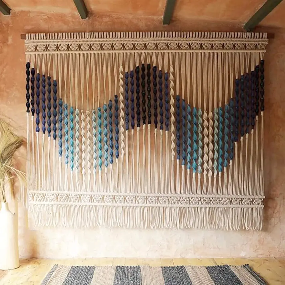 Macrame Wall Hanging Tapestry Gradient Colorful Wave-Shaped Decor,Handmake Art Woven Tapestries Cotton Rope Wall Pediments Home Decor (A51.18 X 43.30 in)