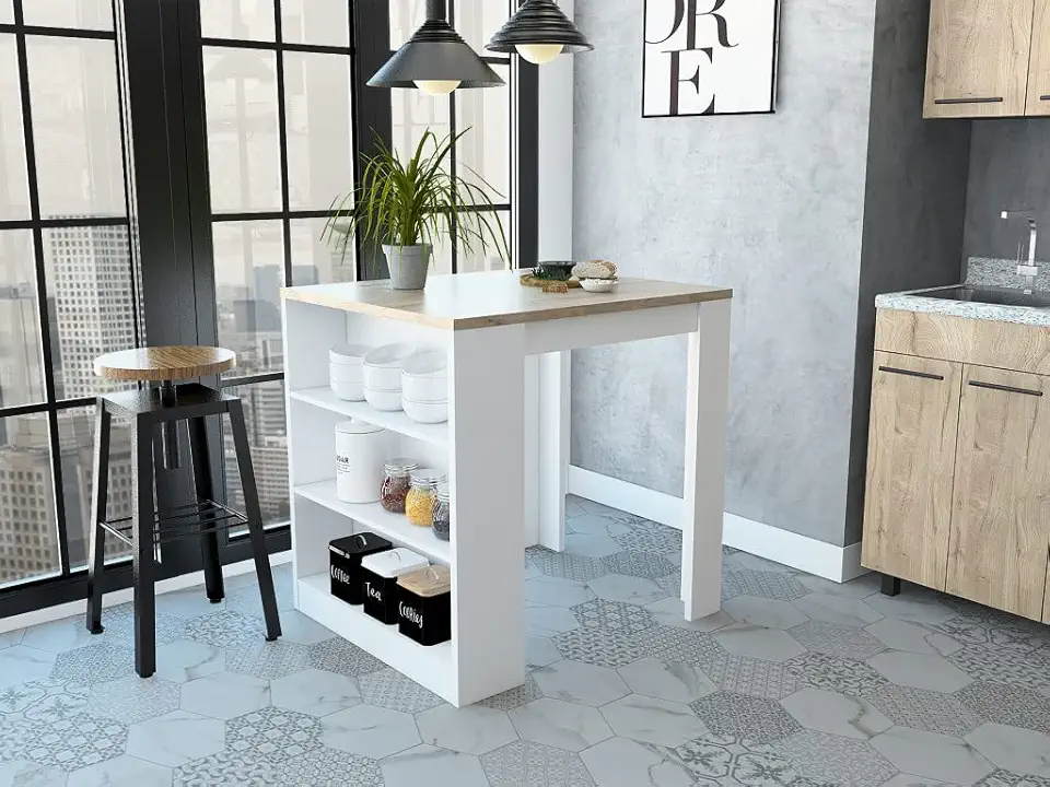 HomeRoots White - Pine Stylish White and Pine Kitchen Counter and Dining Table Combination