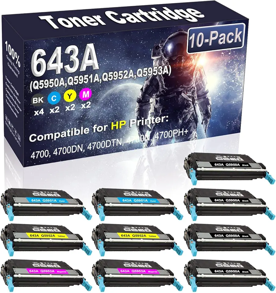 10-Pack (4BK/2C/2Y/2M) Compatible High Capacity 4700 4700DN 4700DTN 4700N 4700PH+ Printer Toner Container Replacement for HP 643A (Q5950A Q5951A Q5952A Q5953A) Printer Cartridge