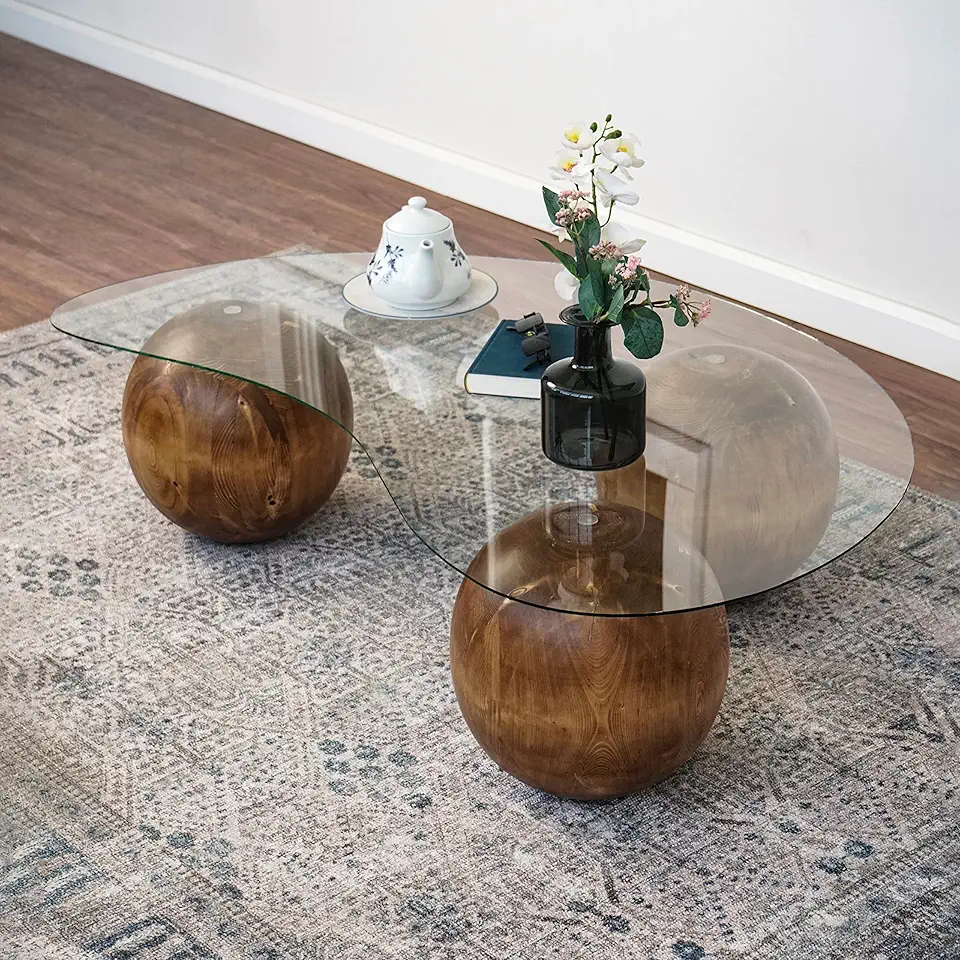 UPP Glass Coffee Table with Decorative Wooden Balls- Wooden Home Furniture Full Set (3 Balls and Glass)