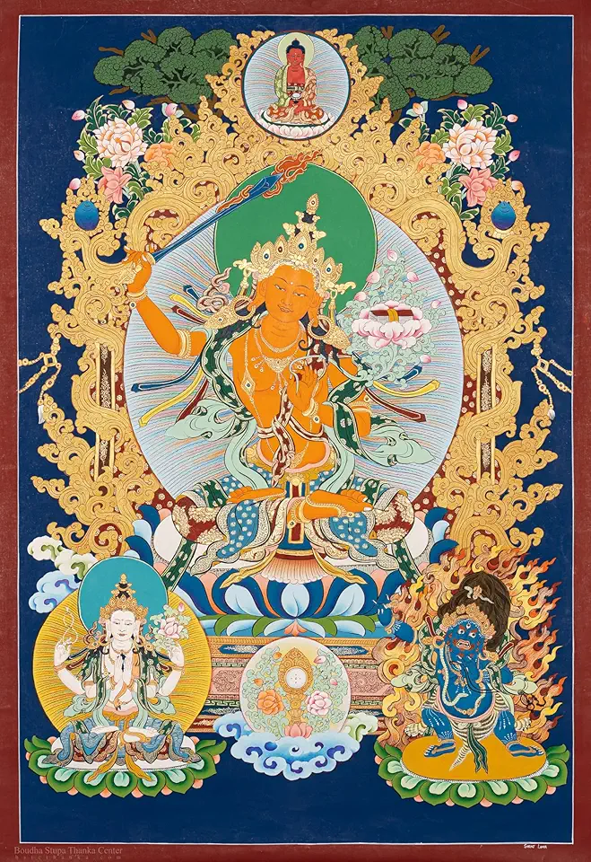 Manjushree Thangka – A Magnificent Tibetan Scroll Highlighting Knowledge and Spiritual Growth, Handcrafted with Genuine Materials, Mineral Pigments, and Decorated with Pure 24-Carat Gold, 77✕42 cm