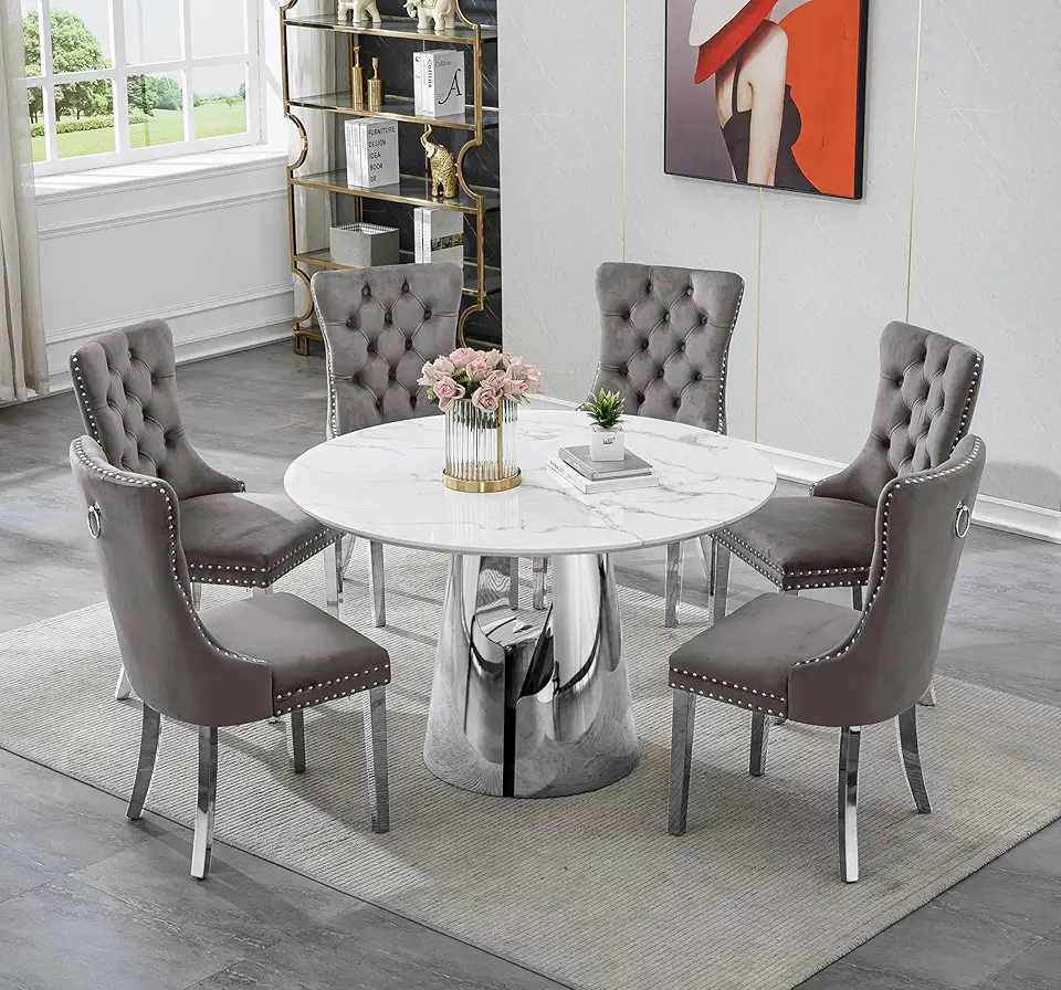 White Marble Round Dining Table Set for 6,47