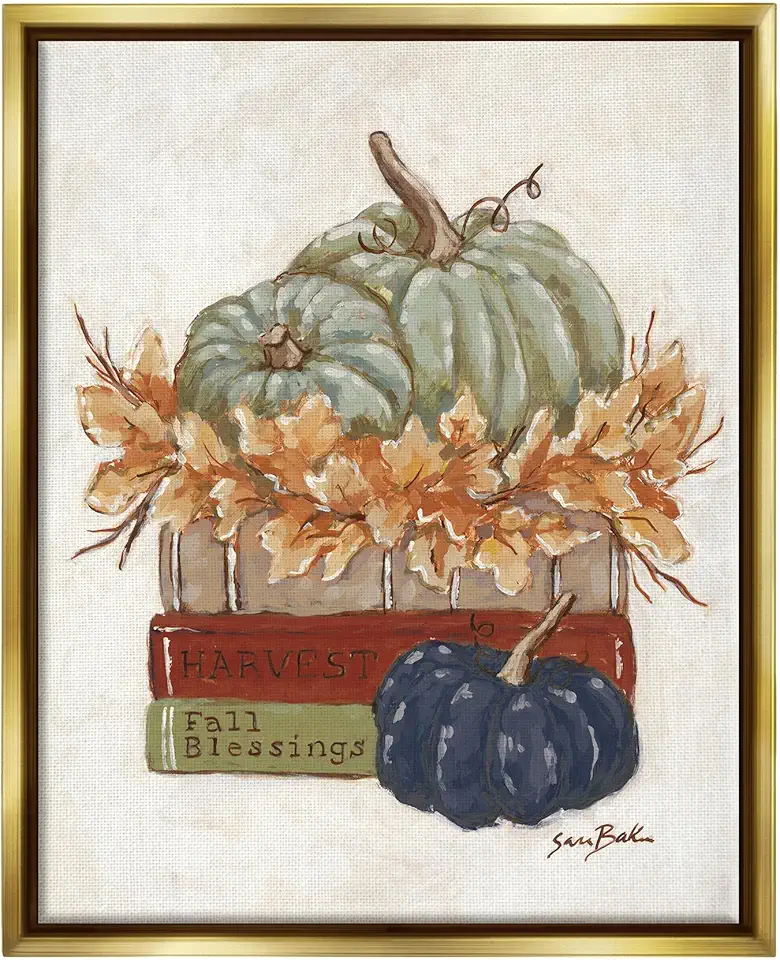 Stupell Industries Fall Blessings Pumpkins Gold Framed Floater Canvas Wall Art Design by Sara Baker