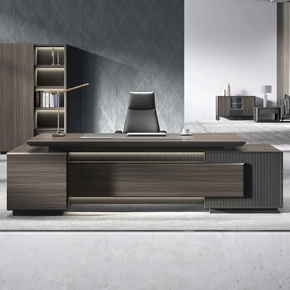 Brown Computer Desk, L-Shaped Executive Office Desk with Lateral Cabinet, Gaming Study Table Business Furniture Workstation for CEO Boss