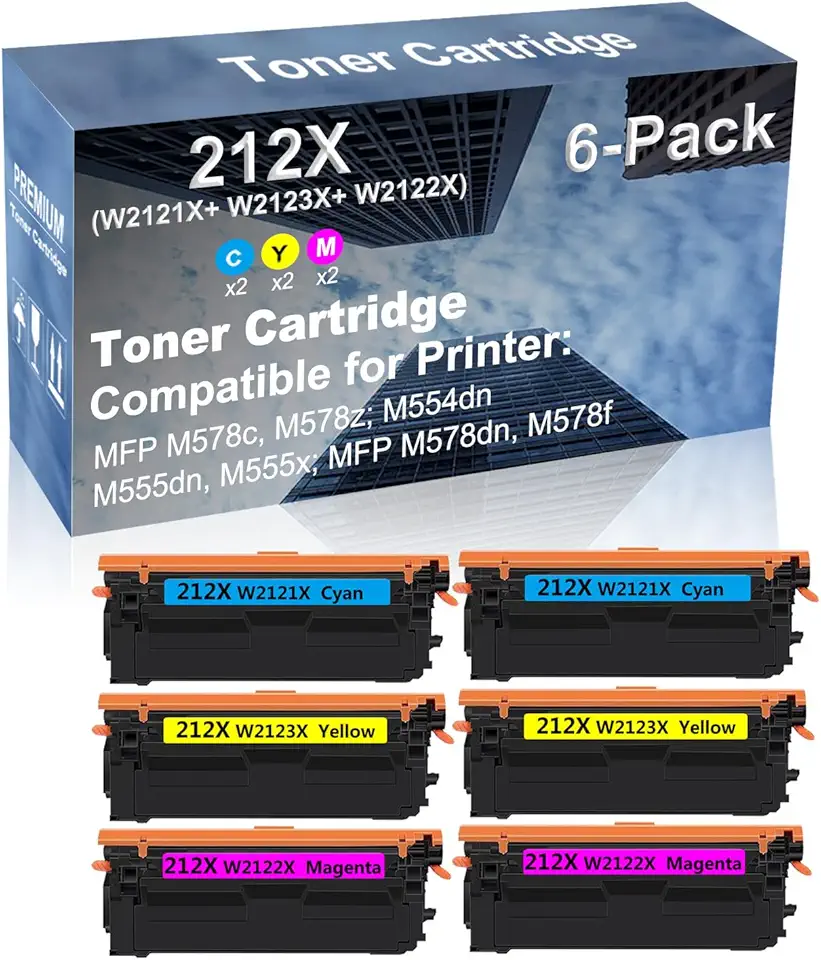 6-Pack (2C+2Y+2M) Compatible M554dn, M555dn, M555x; MFP M578dn, M578f Printer Toner Cartridge High Capacity Replacement for 212X (W2121X+ W2123X+ W2122X) Toner Cartridge (with Chip)