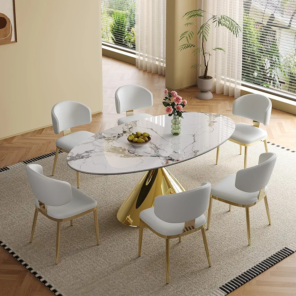 Oval Dining Table, Sintered Stone Tabletop Dining Room Table, Modern Solid Stainless Steel Base (White and Gold, 71in Table and 6 White Chairs)
