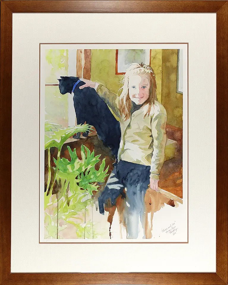 Girl and Cat, Framed Original Watercolor Painting of Girl with Black Cat, 21 x 27 Inches
