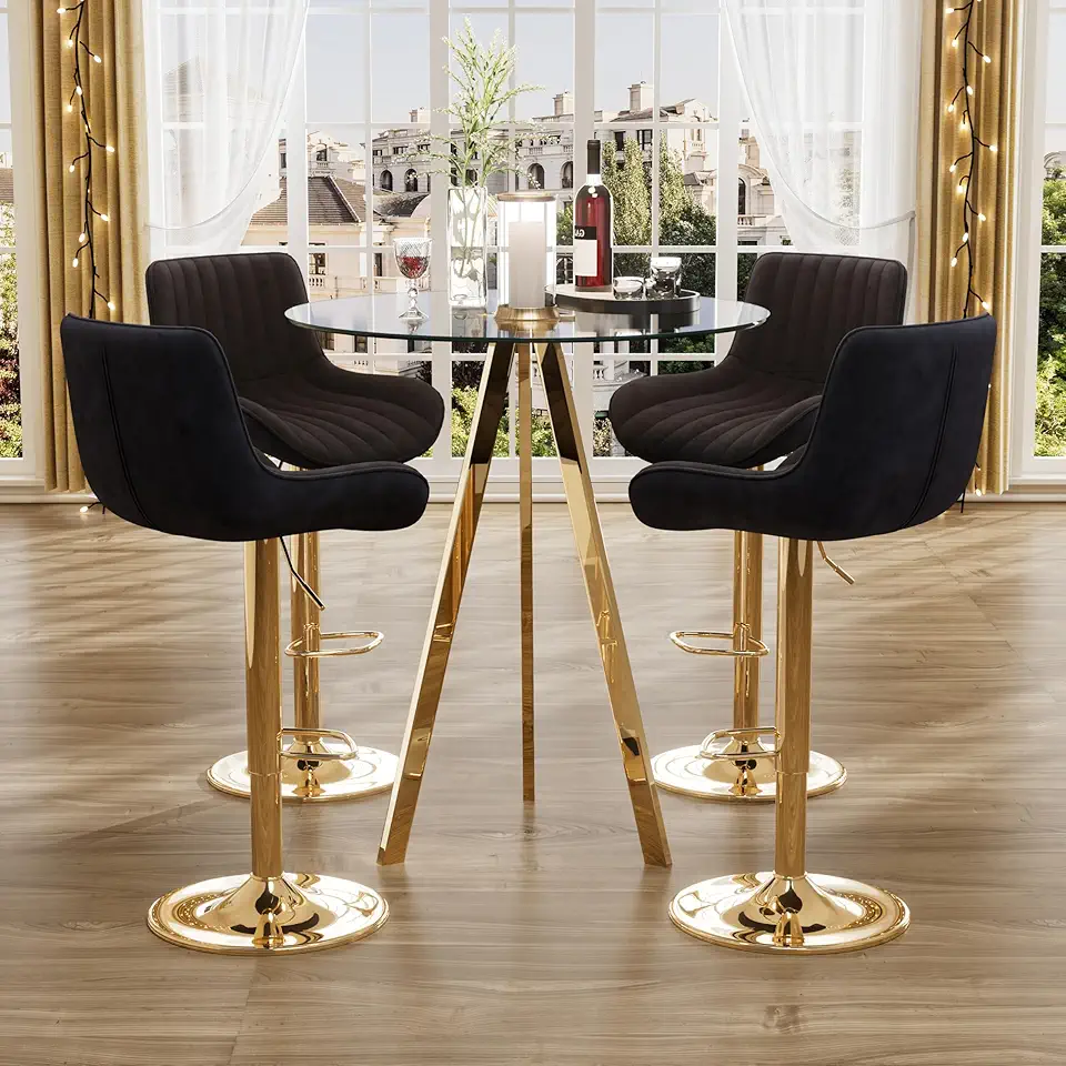 5-Piece Bar Table Set Bistro Table with Height-Adjustable Swivel Bar Stools Set of 4, Bar Table and 4 Velvet Barstools for Living Room, Dining Room, Pub(Black)
