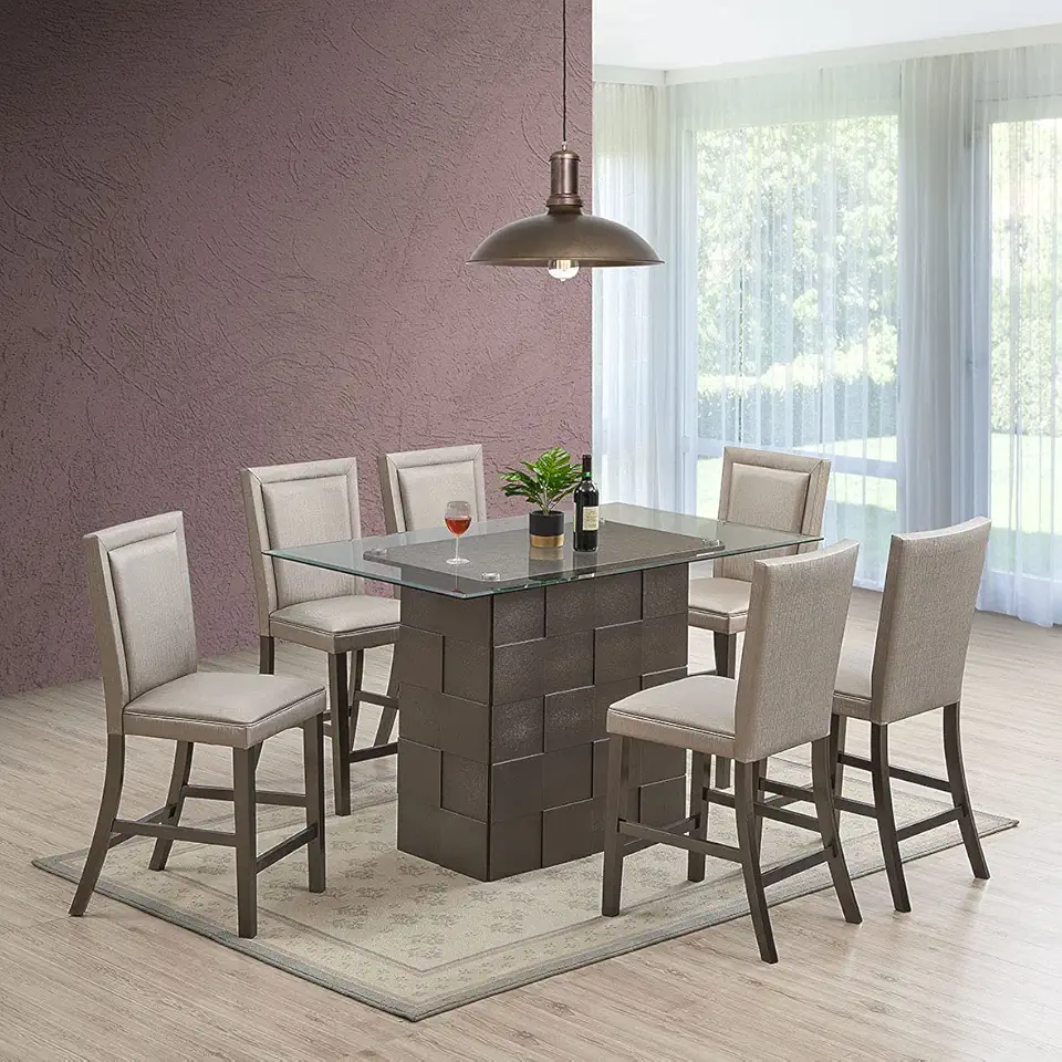 Kings Brand Furniture - 7-Piece Capron Glass Top Counter Height Dining Set, Table & 6 Stools, Grey
