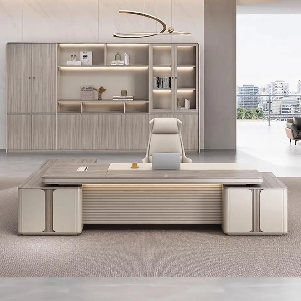 YZABEL Extra Large 102 inch Corner Executive Desk with LED Light Strip, L Shaped Home Office Desk with Lateral Cabinet, Writing Study Table Business Furniture Set Workstation for Study, Work, Gaming