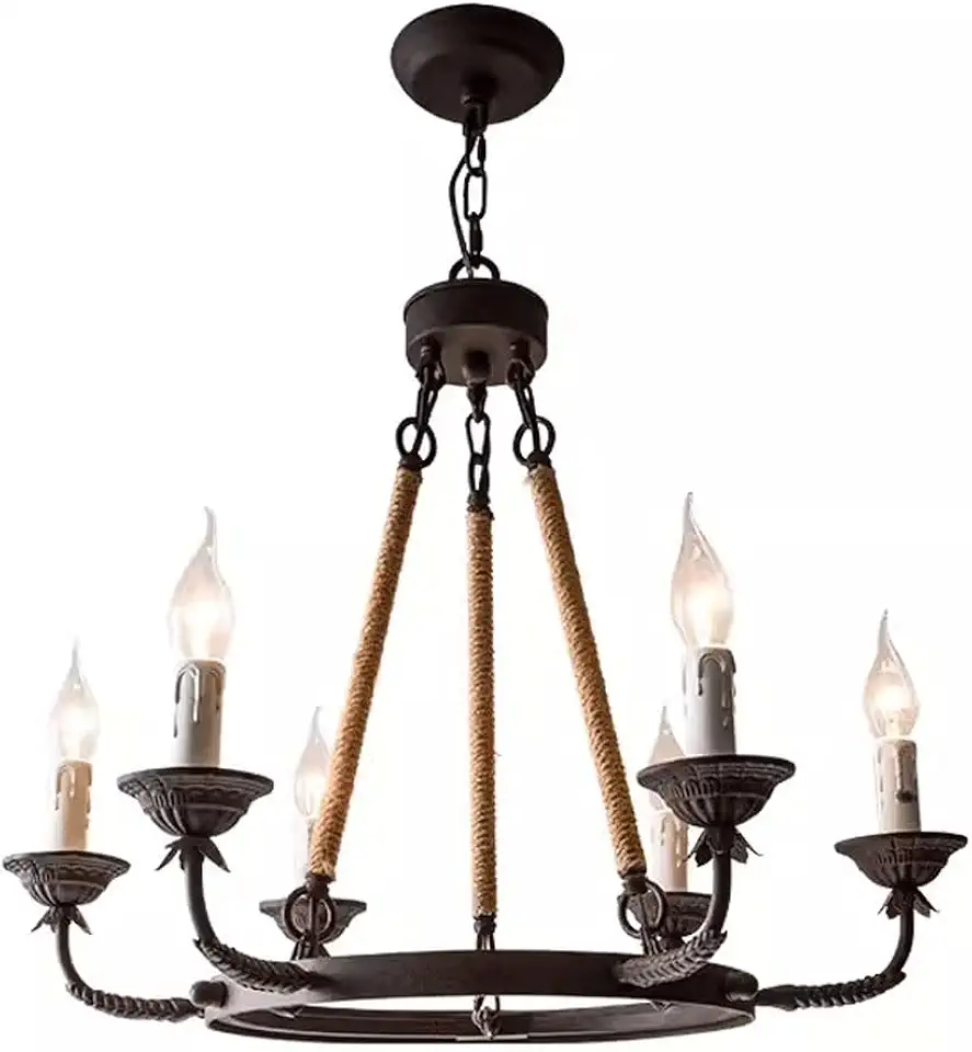 6-Head Candle Chandelier, American Style Rural Iron Art Large Chandelier, Retro Industrial Energy-Saving Chandelier, Living Room, Dining Room, Coffee Shop Chandelier