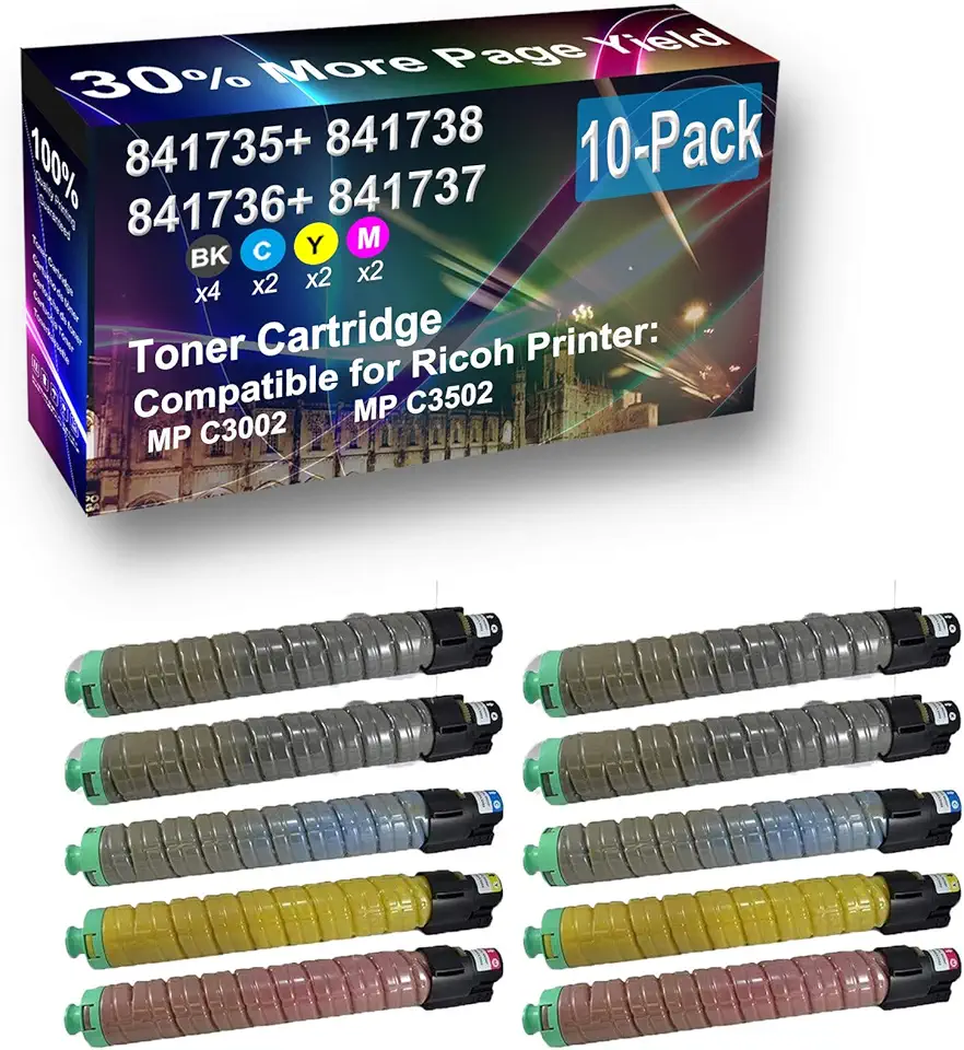 10-Pack (4BK+2C+2Y+2M) Compatible High Capacity 841735 841738 841736 841737 Toner Cartridge Used for Ricoh MP C3002 MP C3502 Printer