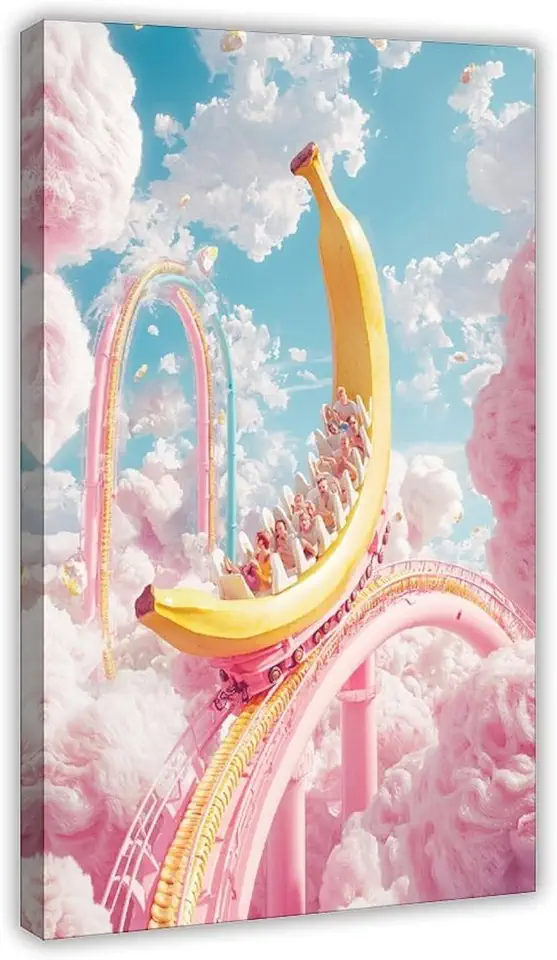Quirky Banana Coaster Wall Print – Whimsical Pop Art Canvas – Dreamy Cotton Candy Sky Fantasy Art for Trendy Decor Canvas Poster Wall Art Decor Print Picture Paintings for Living Room Bedroom Decorati