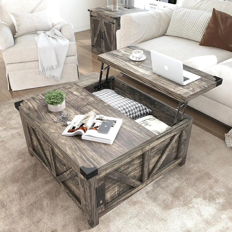 Farmhouse Lift Top Coffee Table with Storage, Wood Square Center Table with Charging Station&USB Port, Living Room Table w/Large Hidden Space, for Living Room, Bedroom, Home Office, Dark Grey