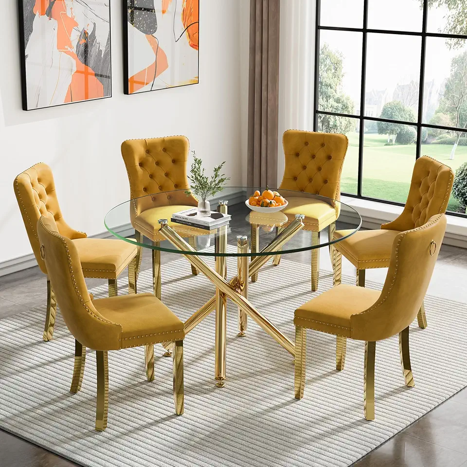 Henf 7 Piece Round Dining Table Set for 6, Modern Glass Kitchen Table and Chairs for 6, Gold Dining Room Table Set with 47.24